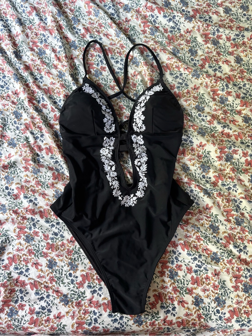 Abercrombie & Fitch Black One-Piece Swimsuit with White Floral Embroidery
